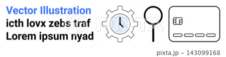 Time management, financial analysis, data search, technology, productivity, and system processes. A clock within a gear, a magnifying glass and a credit card icon displayed. Time management Time management, financial analysis, data search, technology, productivity, and system processes. A clock within a gear, a magnifying glass and a credit card icon displayed. Time management 143099168