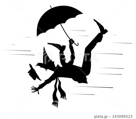 Man, umbrella and windy and rainy day. Art silhouette. Man with umbrella falls on the strong wind. Black on white background 143099323
