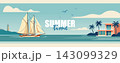 Summertime Retro Horizontal Banner Sailboat at Sea with Beach Villa and Lighthouse 143099329