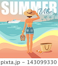 Summer Vibe Poster. Woman in Straw Hat Standing on Beach with Motorboat and Sea 143099330
