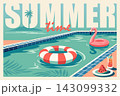 Summer Time Retro Pool Scene with Flamingo Float Inflatable Ring and Watermelon 143099332