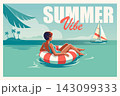 Summer Vibe. Retro Poster Woman Floating on Inflatable Ring with Sailboat at Sea 143099333