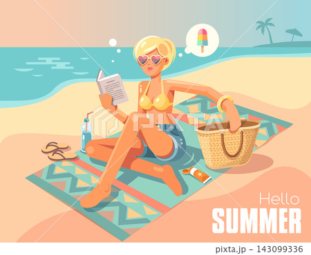 Hello Summer. Beach Girl Reading Book and Dreaming of Ice Cream. Flat Vector Hello Summer. Beach Girl Reading Book and Dreaming of Ice Cream. Flat Vector 143099336