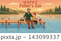 Father and Son Fishing Together on Wooden Dock at Sunset - Happy Father's Day. Vector Greeting Card 143099337