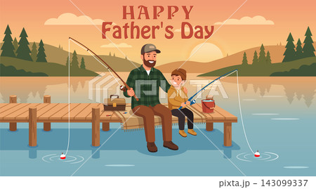 Father and Son Fishing Together on Wooden Dock at Sunset - Happy Father's Day. Vector Greeting Card 143099337
