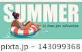 Summer Is Time for Relaxation Retro Banner Woman Floating on Inflatable Ring 143099368