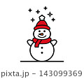Cute smiling snowman in red hat and scarf with magic sparkles. Christmas and New Year vector illustration 143099369