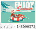 Enjoy Summer. Retro Poster Woman in Hat Floating on Inflatable Ring Tropical Sea 143099372