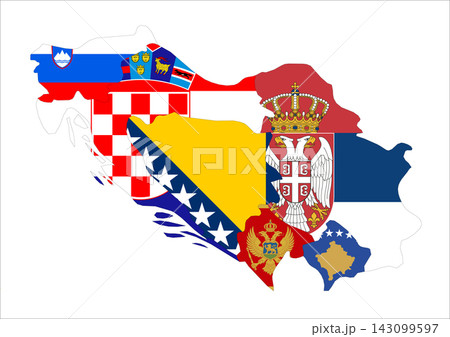 Flag map outline shape of Former Yugoslavia Countries. Flags of countries fill the shapes with their colors. Symbol of regional cooperation, identity and partnership 143099597