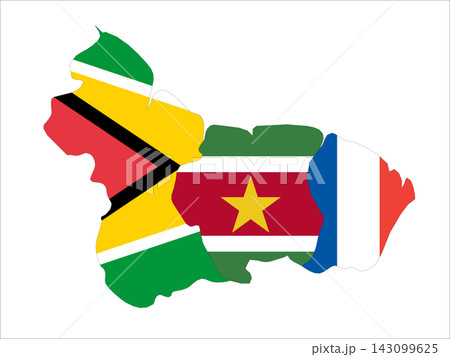 Flag map outline shape of The Guianas - Guyana, Suriname and French Guiana. Flags of countries fill the shapes with their colors. Symbol of regional cooperation, identity and partnership Flag map outline shape of The Guianas - Guyana, Suriname and French Guiana. Flags of countries fill the shapes with their colors. Symbol of regional cooperation, identity and partnership 143099625