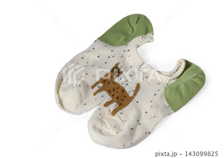 Pair of white ankle socks with brown cat pattern and green heels isolated on white 143099825