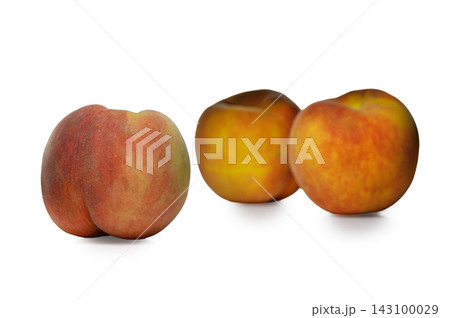 Commercial stock photo of three fresh whole ripe peaches on a white background Commercial stock photo of three fresh whole ripe peaches on a white background 143100029