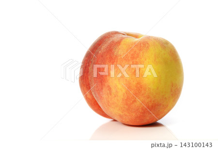 Commercial stock photo of a single whole fresh peach with textured fuzzy skin isolated on white 143100143