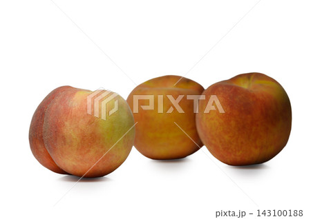 Commercial stock photo of three fresh whole ripe peaches on a white background 143100188