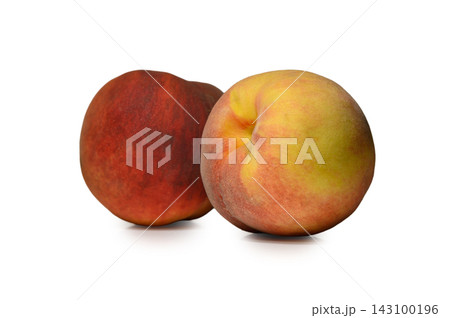 Commercial stock photo of two fresh whole ripe peaches on a white background Commercial stock photo of two fresh whole ripe peaches on a white background 143100196