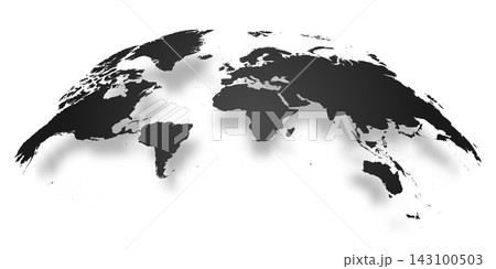 A convex representation of the world displays landmasses and oceans. This map highlights different regions with clear outlines of continents and their position on the globe. 143100503