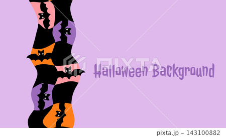 Cute Halloween background with wavy check motif with bats, Groovy fun vector banner in purple, orange, pink and black colors 143100882