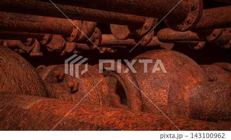 Corroded Industrial Pipe Network with Rusty Flanges and Bolted Connections 3d render. Corroded Industrial Pipe Network with Rusty Flanges and Bolted Connections 3d render. 143100962