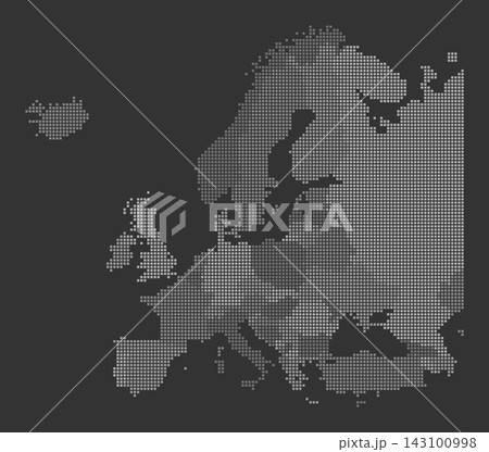 This graphic presents a pixelated vector map of Europe that reveals political boundaries. The map features small squares that represent different regions and countries. This graphic presents a pixelated vector map of Europe that reveals political boundaries. The map features small squares that represent different regions and countries. 143100998