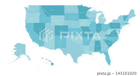 This visual presents a detailed map of the United States, including the names and outlines of all states, along with Alaska and Hawaii. 143101020