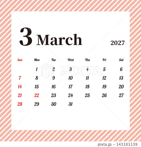 2027年3月の月間カレンダー 日曜始まり ピンクのストライプ 2027年3月の月間カレンダー 日曜始まり ピンクのストライプ 143101139