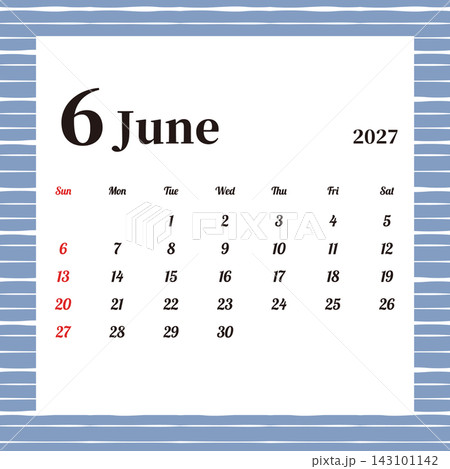 2027年6月の月間カレンダー 日曜始まり お洒落なボーダー柄 2027年6月の月間カレンダー 日曜始まり お洒落なボーダー柄 143101142