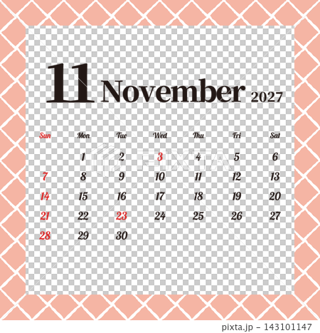Monthly calendar for November 2027, Sunday start, cute cross pattern. Monthly calendar for November 2027, Sunday start, cute cross pattern. 143101147