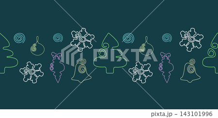 A festive horizontal border features colorful trees, bells, hanging baubles, snowflakes and spirals. This vector illustration adds festive decoration to holiday cards, gift packaging and party banners 143101996