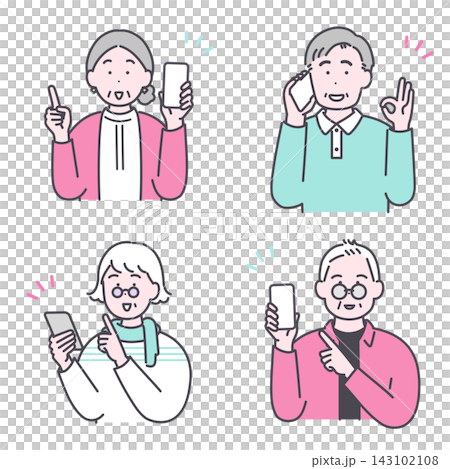 A set of illustrations of senior citizens using smartphones. A set of illustrations of senior citizens using smartphones. 143102108