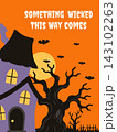 Halloween haunted house greeting card with bats, full moon and spooky twisted tree 143102263
