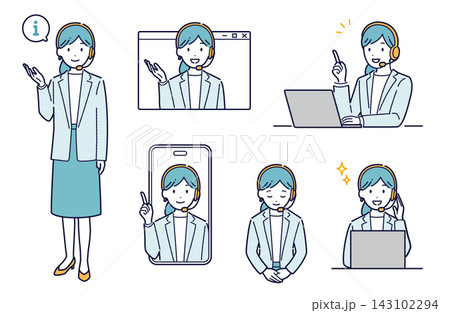 インカムをしたスーツ女性の接客・案内イラストセット 143102294