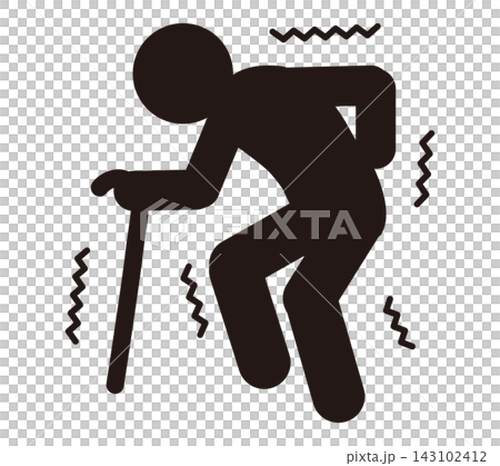 Pictogram of an elderly person walking unsteadily with a cane | Aging, difficulty walking, physical decline, caregiving 143102412