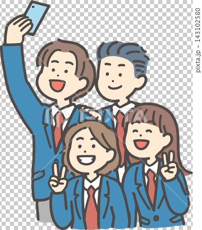 スマートフォンで自撮りする男女の学生 スマートフォンで自撮りする男女の学生 143102580