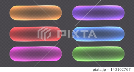 Transparent glass buttons with glowing neon edges. Futuristic rounded action buttons. 143102767