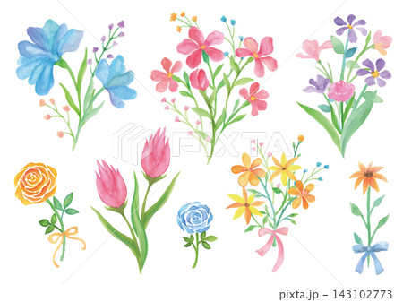 水彩手描きの様々な色の花束のセット 143102773