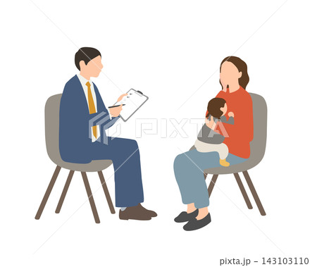 子どもを抱いて育児相談をする母親と相談員のイラスト 子どもを抱いて育児相談をする母親と相談員のイラスト 143103110