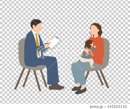 子どもを抱いて育児相談をする母親と相談員のイラスト 子どもを抱いて育児相談をする母親と相談員のイラスト 143103110