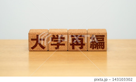 大学再編と書かれた木製ブロック 143103302