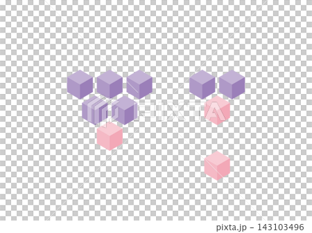 A set of isometric illustrations of cubes that gradually decrease in number (pink and purple) A set of isometric illustrations of cubes that gradually decrease in number (pink and purple) 143103496