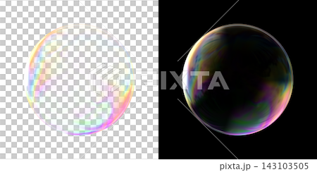 Rainbow-colored soap bubbles floating on transparent and black backgrounds; realistic 3D material. Rainbow-colored soap bubbles floating on transparent and black backgrounds; realistic 3D material. 143103505