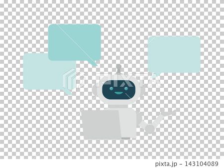Vector illustration of an AI robot explaining and describing something in front of a PC, with speech bubbles. Vector illustration of an AI robot explaining and describing something in front of a PC, with speech bubbles. 143104089