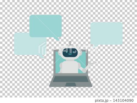 Vector illustration of an AI robot that pops out of a PC to explain and describe, with speech bubbles. Vector illustration of an AI robot that pops out of a PC to explain and describe, with speech bubbles. 143104090
