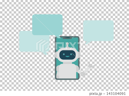 Vector illustration of an AI robot popping out of a smartphone to give explanations and commentary, with speech bubbles. Vector illustration of an AI robot popping out of a smartphone to give explanations and commentary, with speech bubbles. 143104091