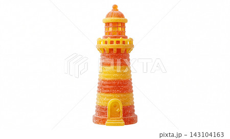 Orange and yellow striped lighthouse candy with lighthouse translucent isolated background confectionery delicious appetizing colorful decoration miniature nautical navigational building 143104163