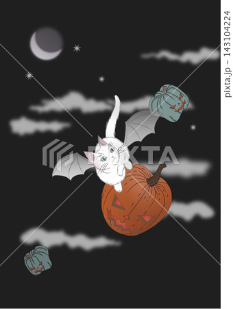 かぼちゃランタンに乗って飛ぶ猫のハロウィンイラスト かぼちゃランタンに乗って飛ぶ猫のハロウィンイラスト 143104224