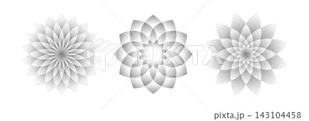 Stippled mandala flower background set. Dotted ornament collection. Noise grain shapes. Pixel floral petals decoration. Vector radial dotwork pattern design for tattoo, poster, clothes, badge, sticker 143104458