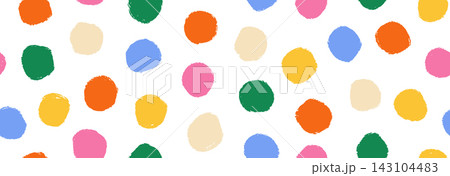 Bright colorful birthday polka dot seamless pattern. Playful repeated round confetti background. Pastel dotted clown wallpaper for Easter wrapping paper, birthday decoration, nursery decor. Vector 143104483