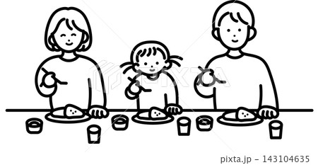 カレーライスを食べる家族3人のイラスト　線画のみ 143104635