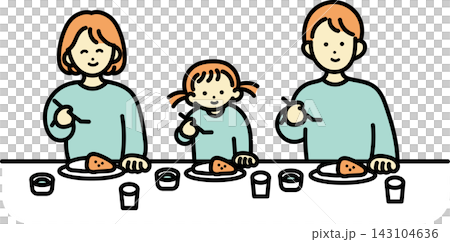 An illustration of a family of three eating curry rice. An illustration of a family of three eating curry rice. 143104636