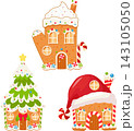 A set of Christmas gingerbread cookies. Cute festive cookies shaped like a mitten, a Santa hat, and a Christmas tree, decorated with sugar icing and candies. 143105050